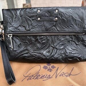 Patricia Nash Black Floral Embossed Wristlet